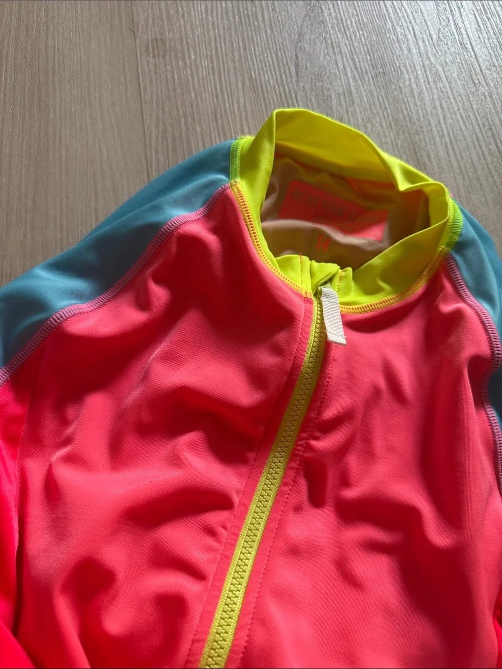 Crewcuts Kids Long-Sleeve One-Piece Rash Guard Swimsuit - Neon Coral & Aqua